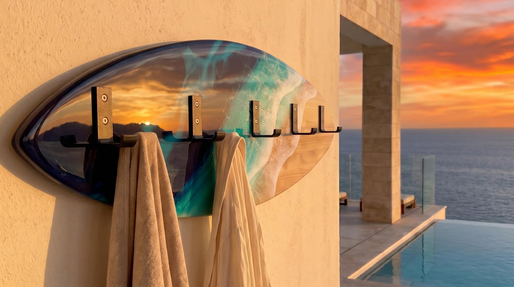Made to Order Resin Surfboard Wall Rack – Ocean Wave Coat & Towel Hanger – Coastal Entryway Storage – Custom Sizes 100×28 / 120×30 cm
