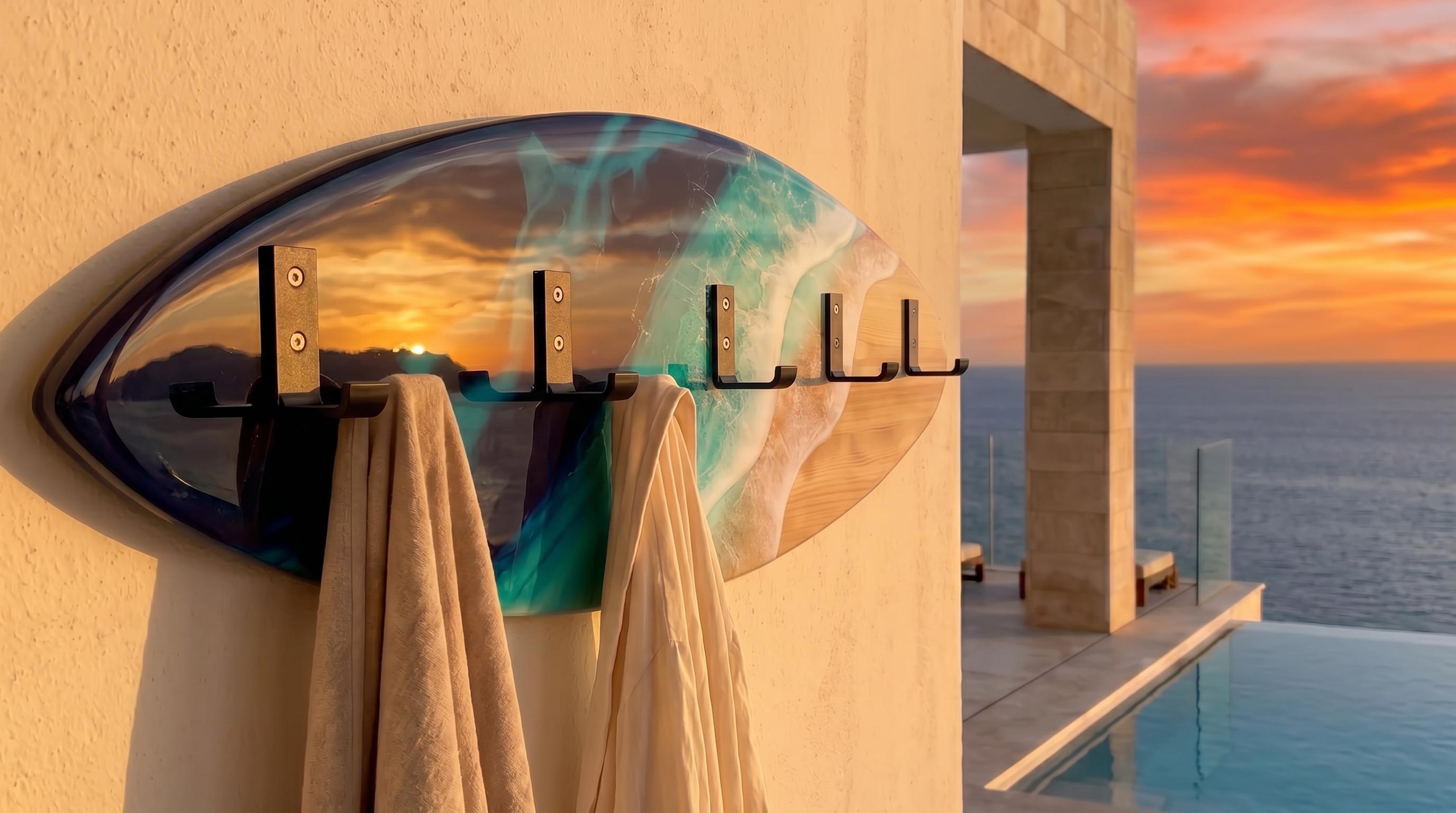 Made to Order Resin Surfboard Wall Rack – Ocean Wave Coat & Towel Hanger – Coastal Entryway Storage – Custom Sizes 100×28 / 120×30 cm