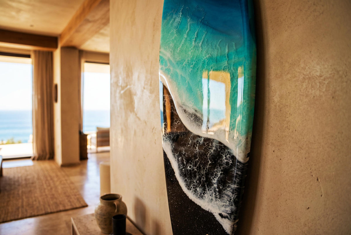 Black Sand Ocean Wave Resin Surfboard Wall Art: Coastal Surf Decor