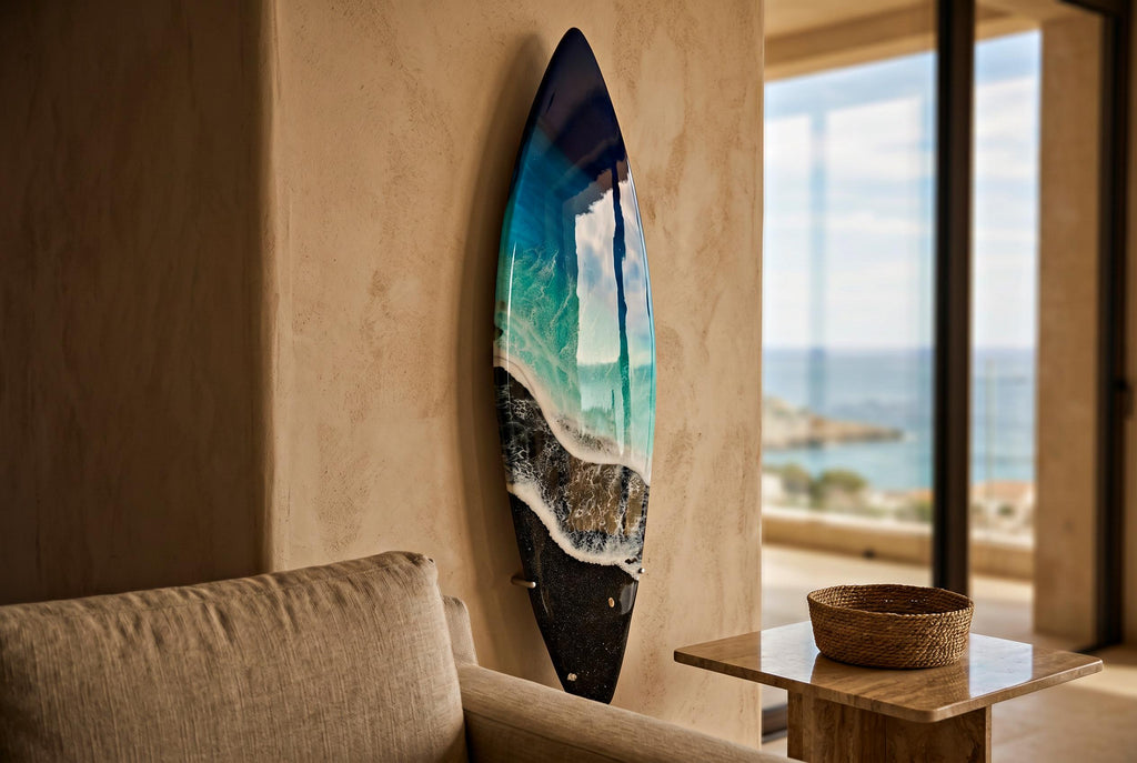 Black Sand Ocean Wave Resin Surfboard Wall Art: Coastal Surf Decor
