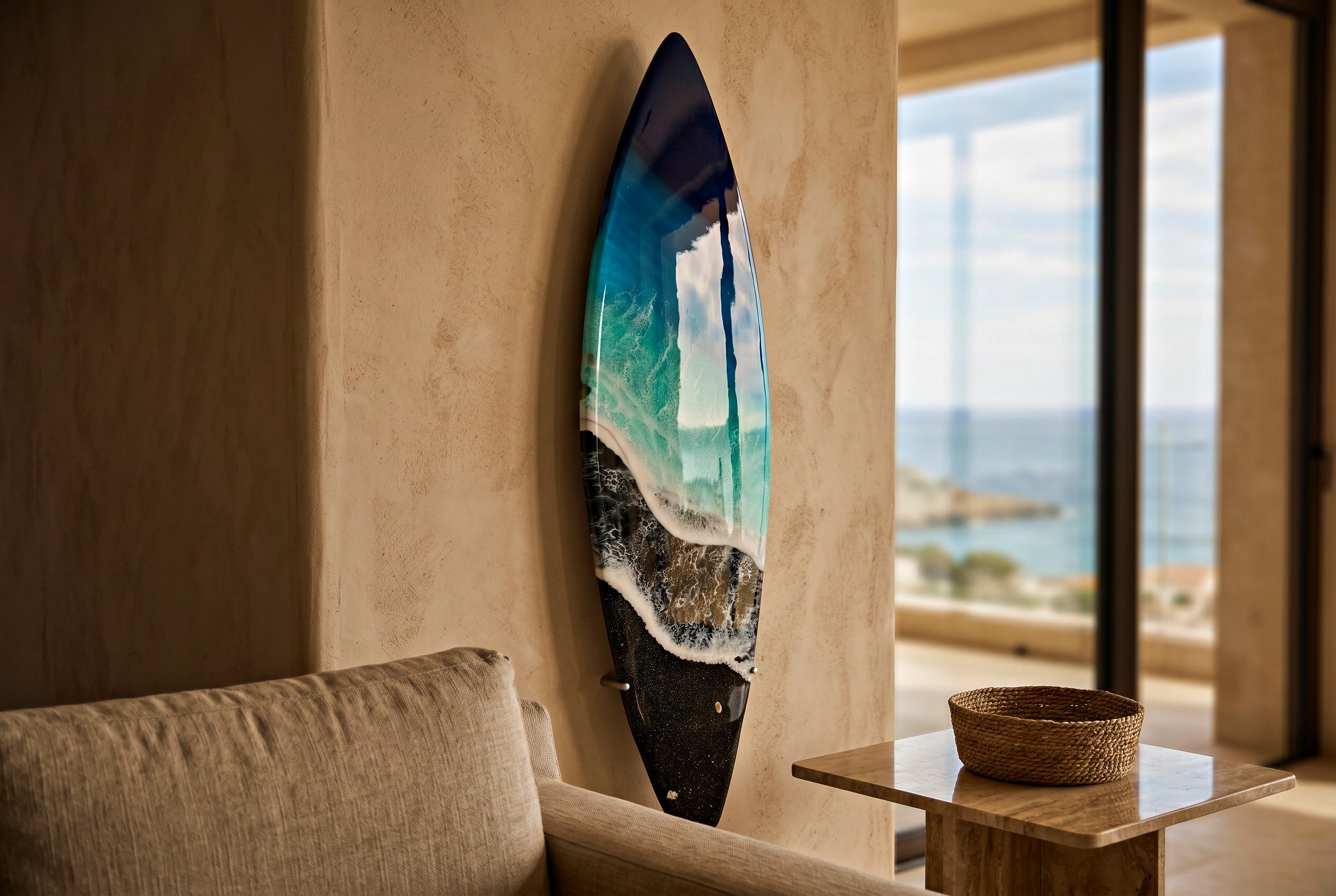 Black Sand Ocean Wave Resin Surfboard Wall Art: Coastal Surf Decor