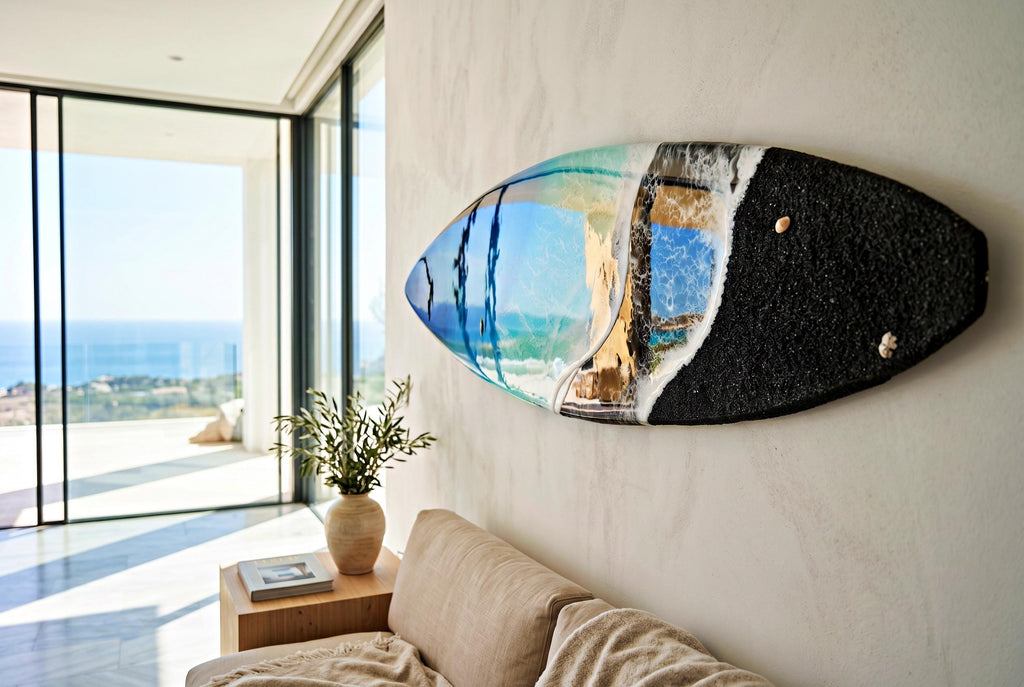 Black Sand Ocean Wave Resin Surfboard Wall Art: Coastal Surf Decor
