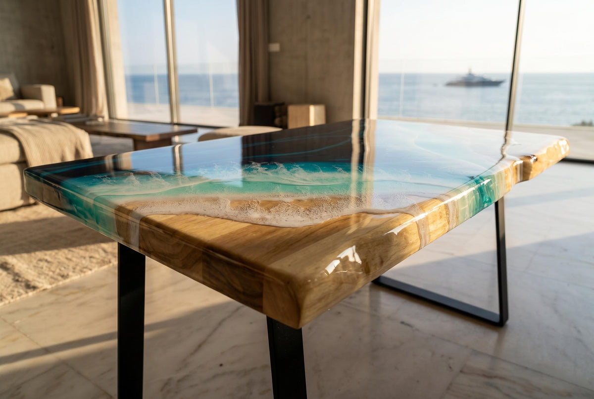 Epoxy Resin Ocean Coffee Table – Handcrafted Coastal Art Furniture (80–100 cm)