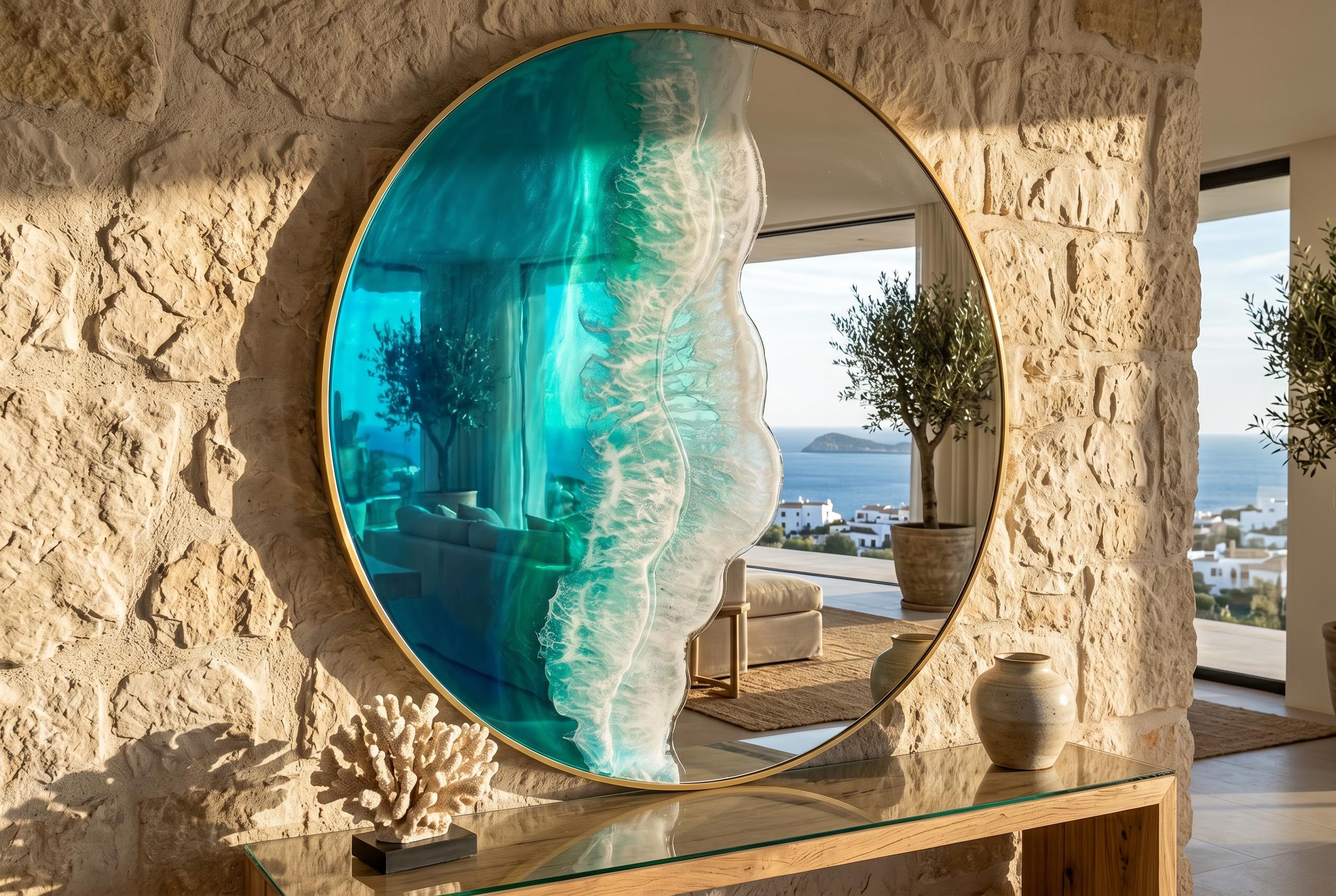 Large Round Resin Ocean Mirror 100 cm | Made to Order Coastal Wall Mirror | Handmade Resin Art Mirror | Gold Frame Statement Mirror