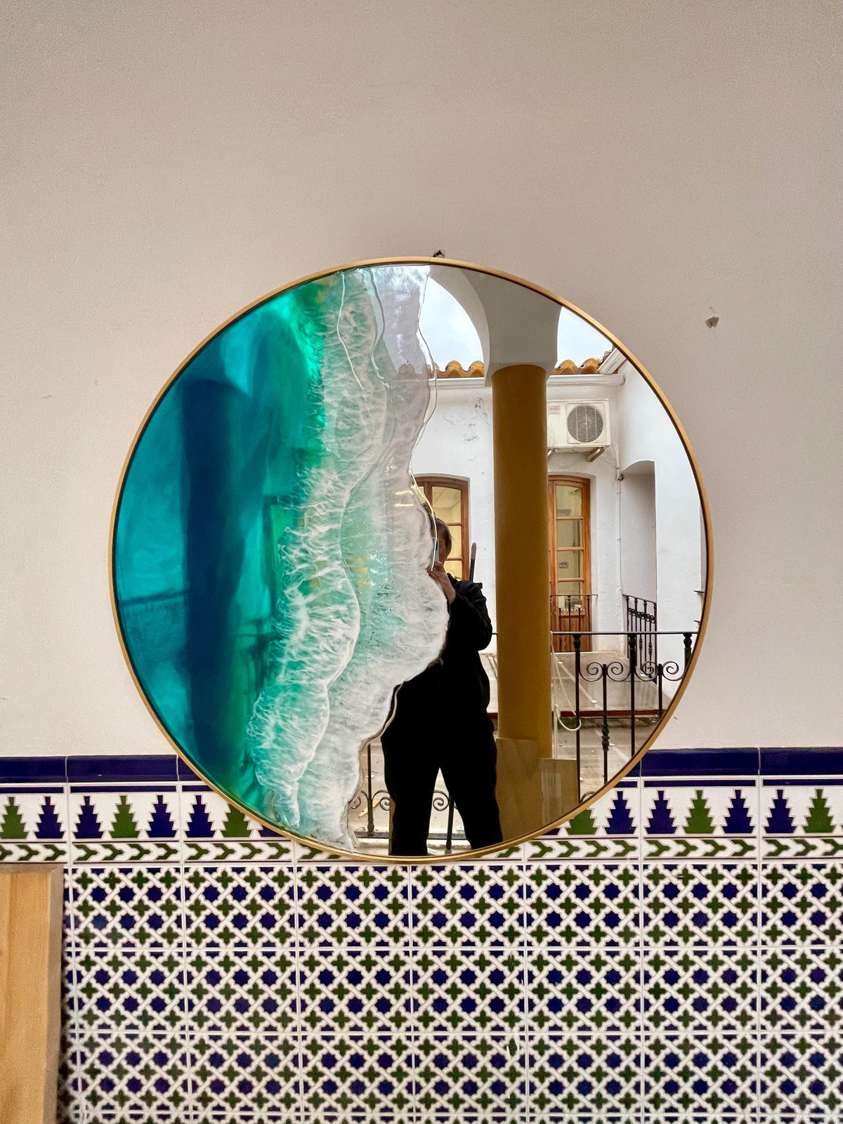 Large Round Resin Ocean Mirror 100 cm | Made to Order Coastal Wall Mirror | Handmade Resin Art Mirror | Gold Frame Statement Mirror