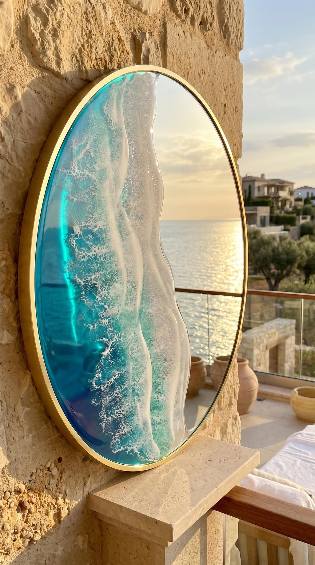 Large Round Resin Ocean Mirror 100 cm | Made to Order Coastal Wall Mirror | Handmade Resin Art Mirror | Gold Frame Statement Mirror