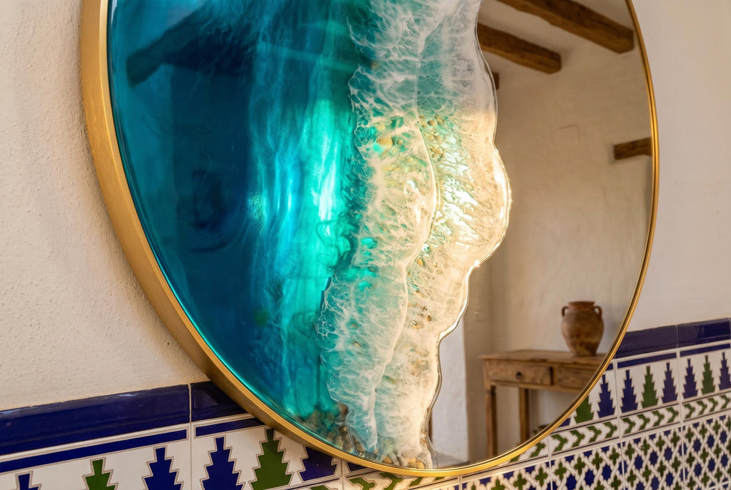 80cm Gold Frame Resin Wave Mirror | Coastal Ocean Wall Mirror | Luxury Beach House Decor | Handmade Resin Art