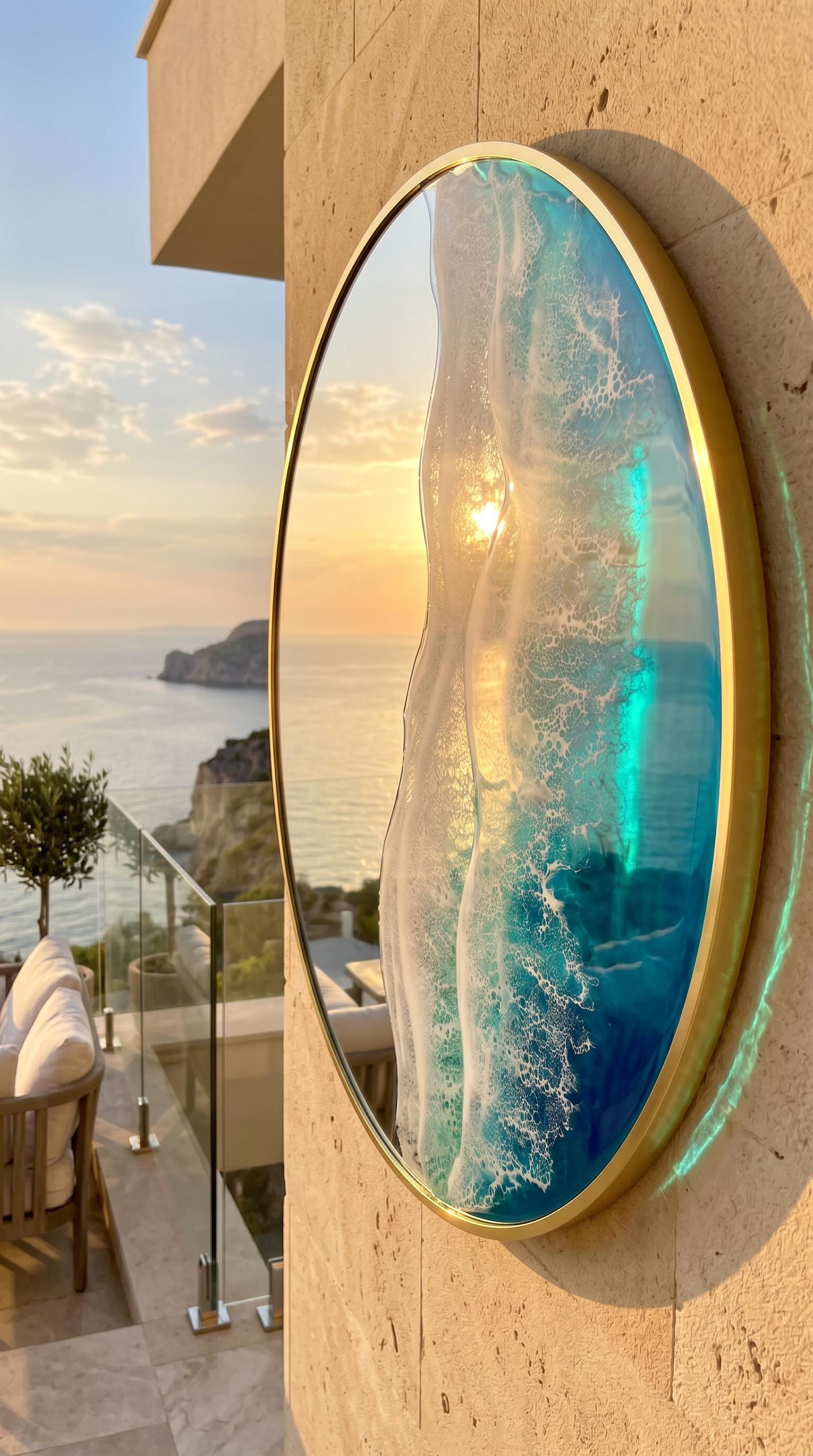 50cm Gold Frame Resin Wave Mirror, Coastal Ocean Wall Mirror, Turquoise Blue Beach House Decor, Round Sea Mirror, Handmade Resin Art