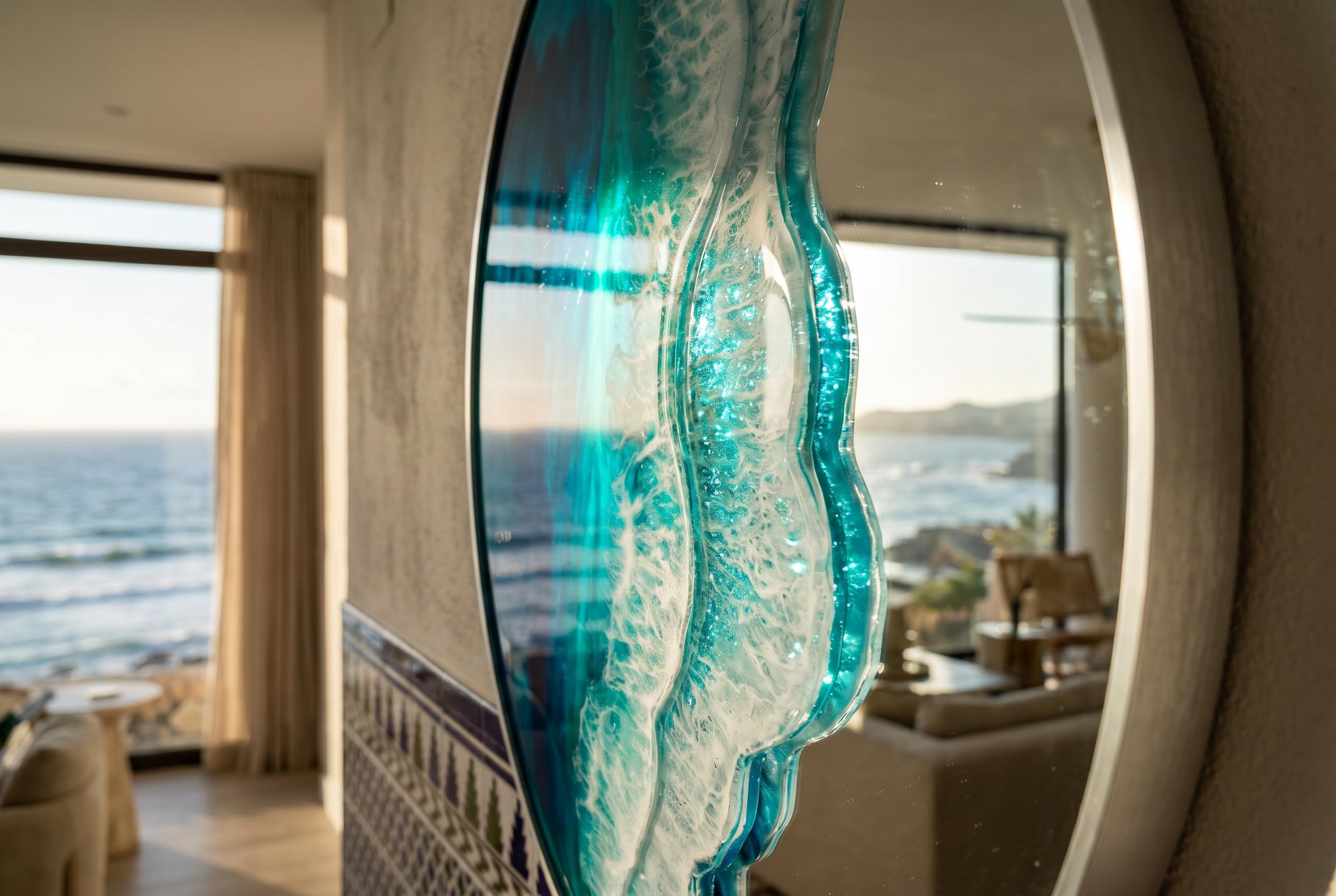 50cm Silver Frame Resin Wave Mirror, Coastal Ocean Wall Mirror, Turquoise Blue Beach House Decor, Round Sea Mirror, Handmade Resin Art