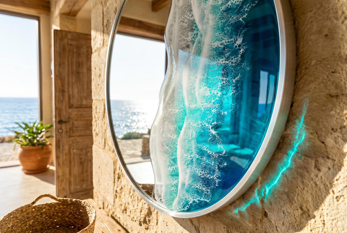 50cm Silver Frame Resin Wave Mirror, Coastal Ocean Wall Mirror, Turquoise Blue Beach House Decor, Round Sea Mirror, Handmade Resin Art