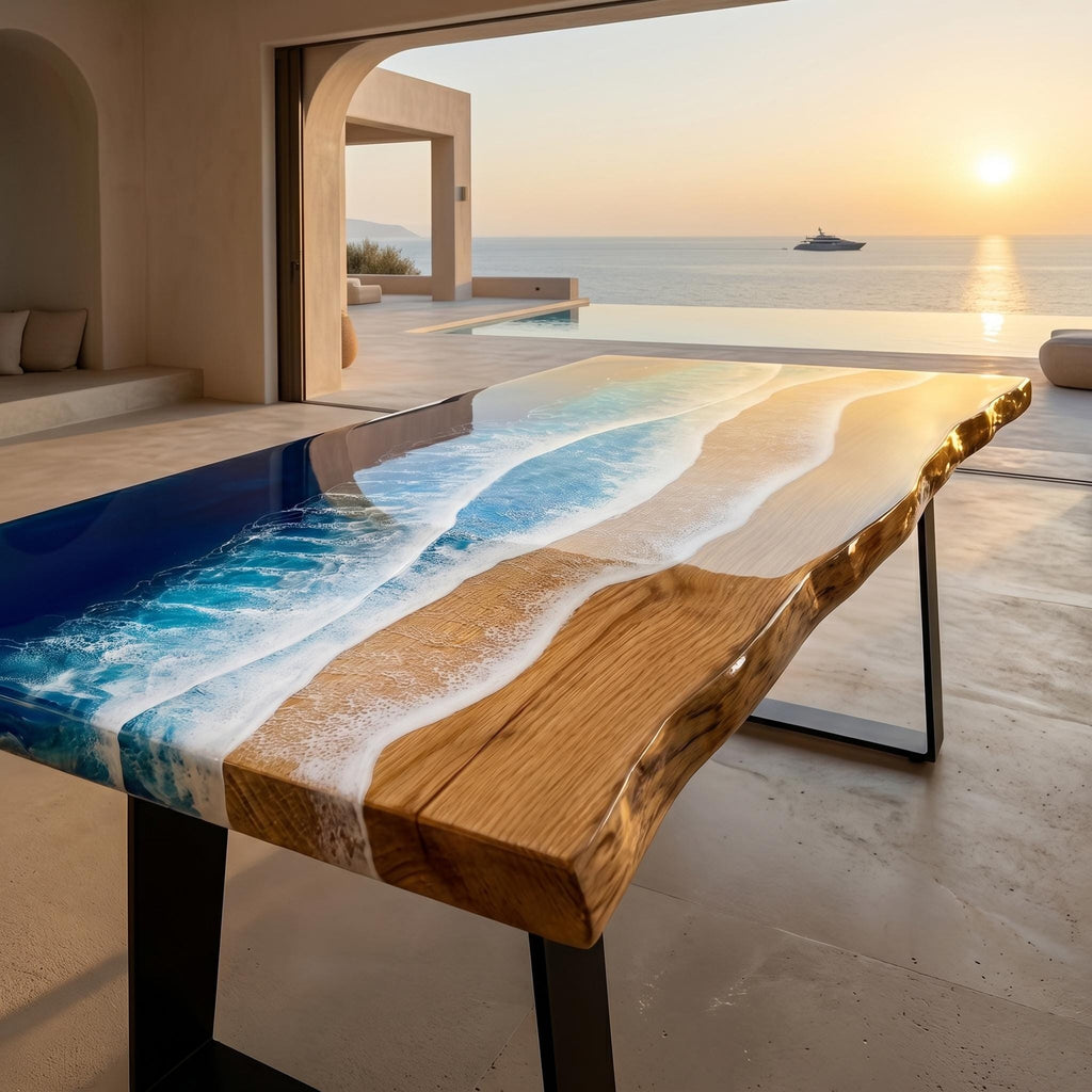 Luxury Ocean Resin Coffee Table | Handmade Solid Pine Coastal Table | Modern Beach House Furniture | Resin Art Coffee Table | 60cm & 80cm