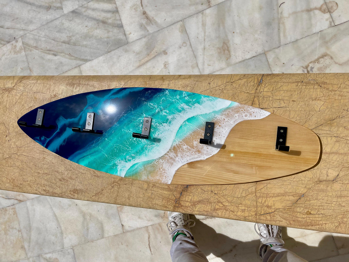 Made to Order Resin Surfboard Wall Rack – Ocean Wave Coat & Towel Hanger – Coastal Entryway Storage – Custom Sizes 100×28 / 120×30 cm