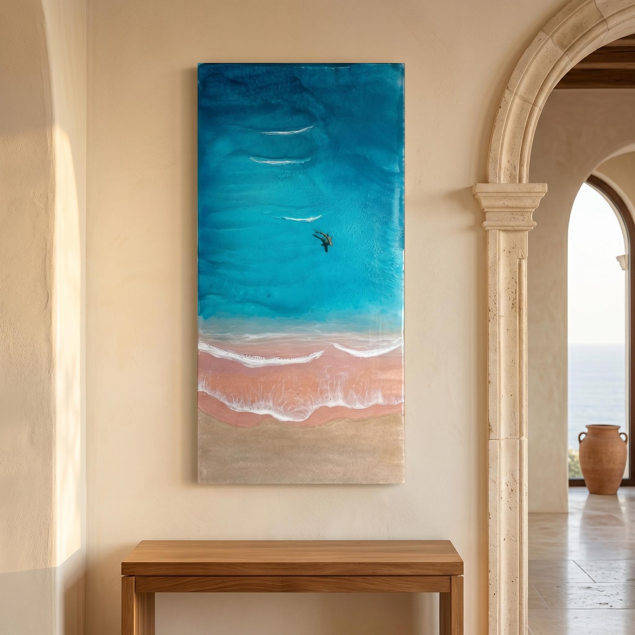 Pink Beach Resin Art: Komodo Island Coastal Decor with Shark