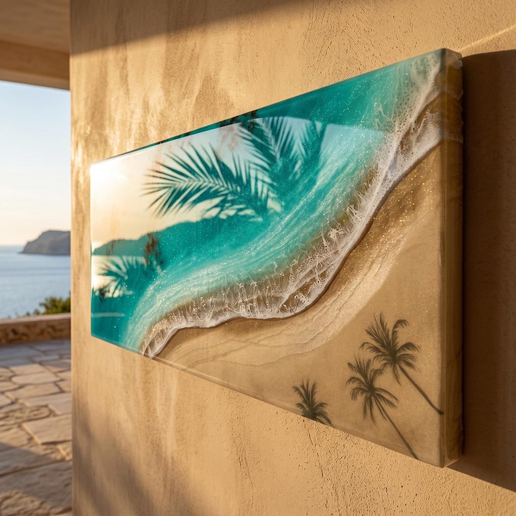Luxury Resin Ocean Wall Art | Palm Shadow Collection | One of a Kind Coastal Artwork | Large Beach House Wall Decor | Handmade in Spain