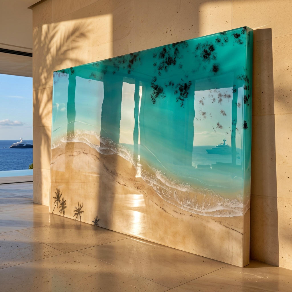 Large Luxury Resin Ocean Wall Art | Palm Shadow II | One of a Kind Coastal Artwork | Beach House Decor | Handmade in Spain