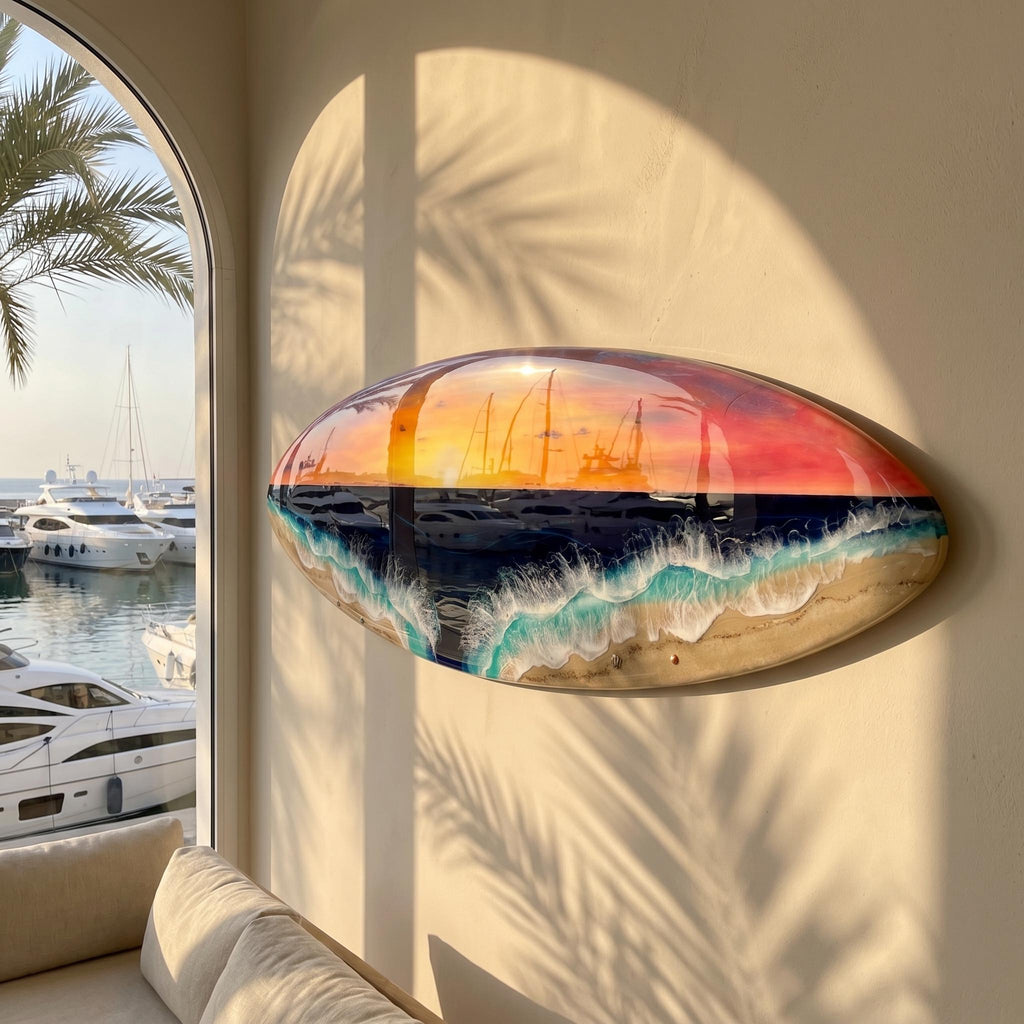Luxury Resin Surfboard Wall Art – Sunset Ocean Statement Piece – Handmade Coastal Art Decor – Large Surfboard Wall Sculpture – Beach House
