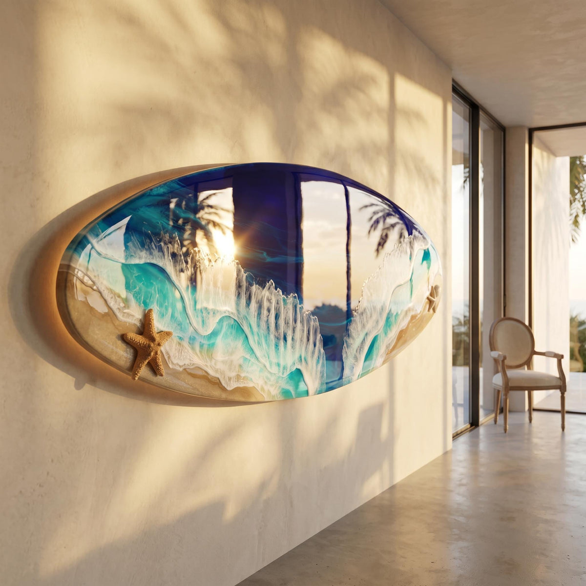 Extra Wide Resin Surfboard Wall Art | 150 cm Ocean Wave Decor | Real Coral Sand & Starfish | Handmade Coastal Resin Art on Solid Pinewood