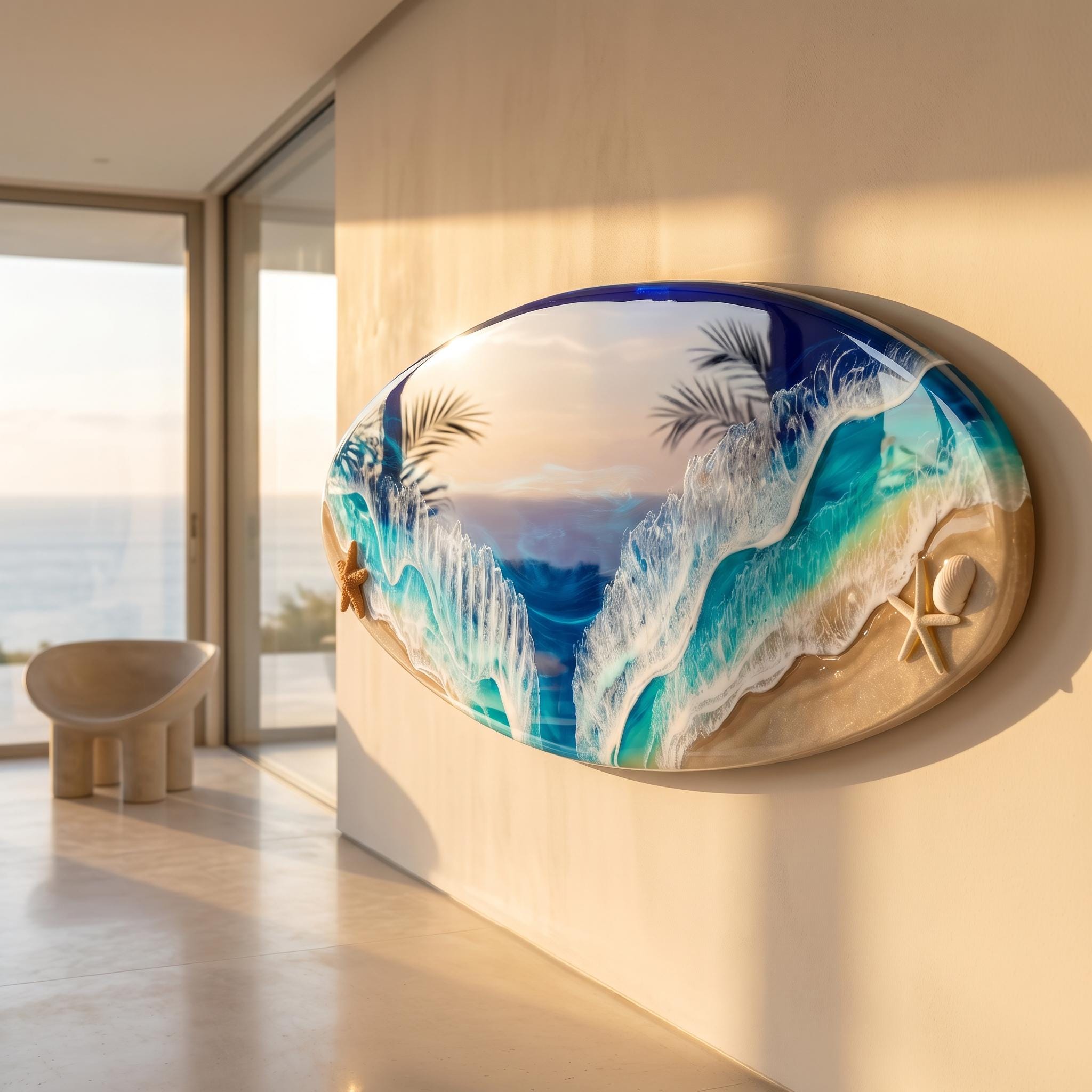 Extra Wide Resin Surfboard Wall Art | 150 cm Ocean Wave Decor | Real Coral Sand & Starfish | Handmade Coastal Resin Art on Solid Pinewood