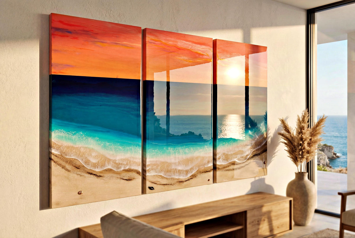 Large Resin Ocean Sunset Triptych Wall Art | Coastal Beach Artwork | Luxury Seascape Painting | Handmade Resin Art | Beach House Decor