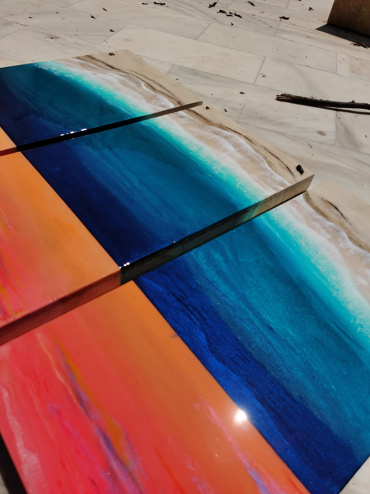 Large Resin Ocean Sunset Triptych Wall Art | Coastal Beach Artwork | Luxury Seascape Painting | Handmade Resin Art | Beach House Decor