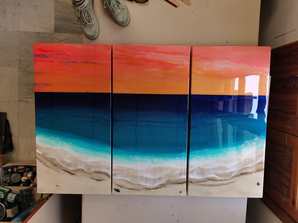 XL Resin Ocean Sunset Triptych Wall Art | Large Coastal Beach Artwork | Luxury Ocean Seascape | Handmade Resin Wall Decor | Beach House Art