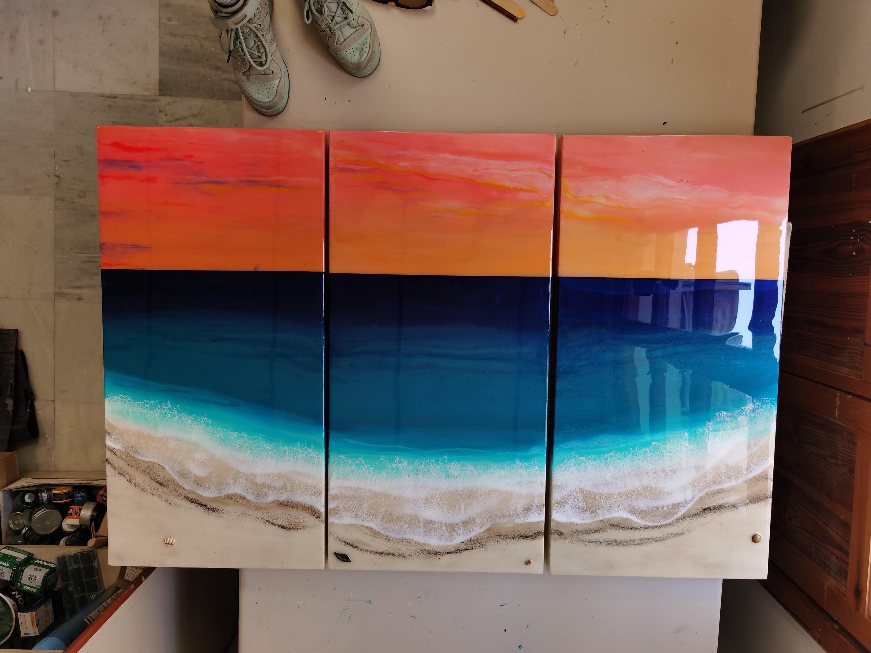XL Resin Ocean Sunset Triptych Wall Art | Large Coastal Beach Artwork | Luxury Ocean Seascape | Handmade Resin Wall Decor | Beach House Art