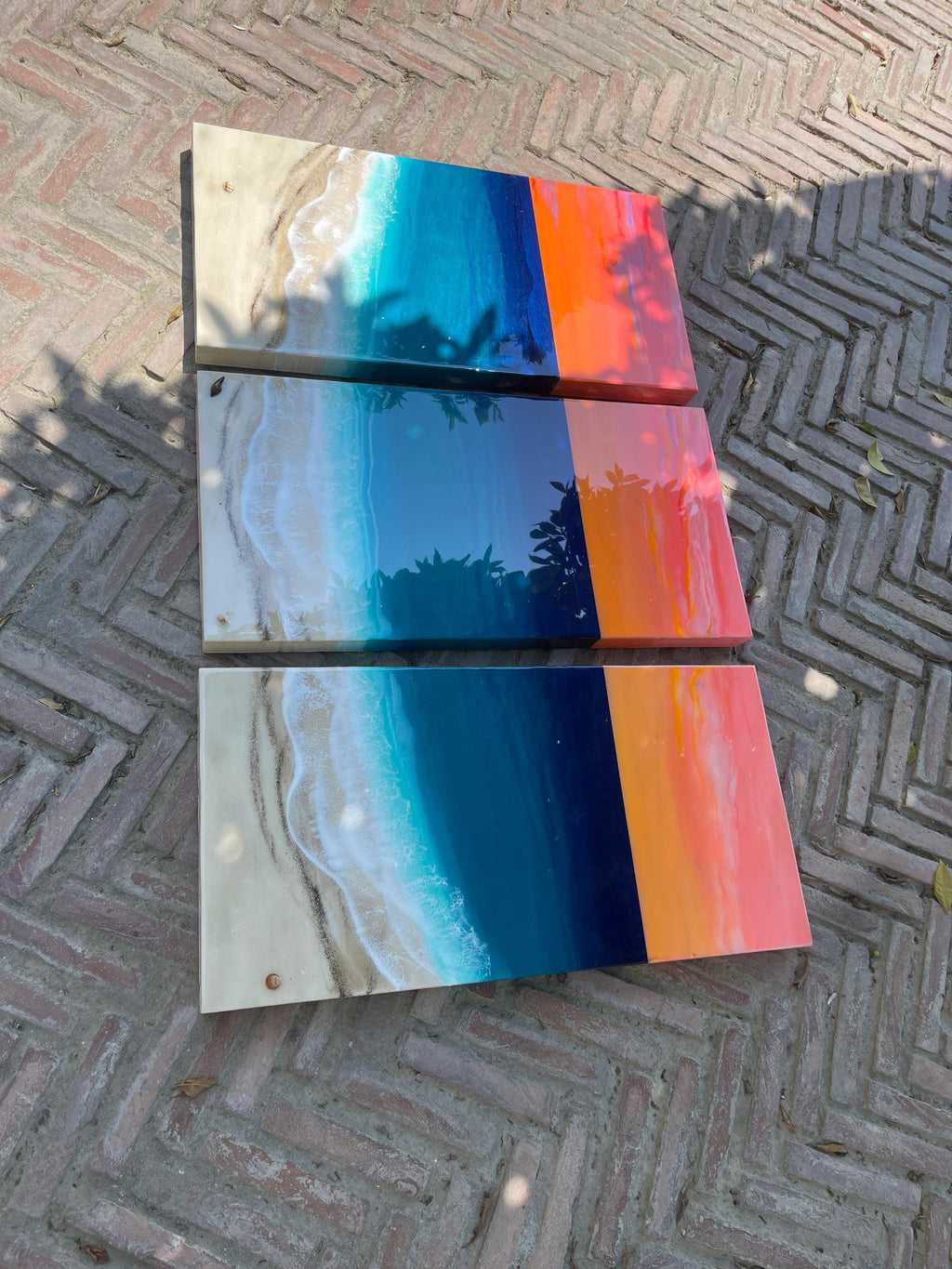 Large Resin Ocean Sunset Triptych Wall Art | Coastal Beach Artwork | Luxury Seascape Painting | Handmade Resin Art | Beach House Decor