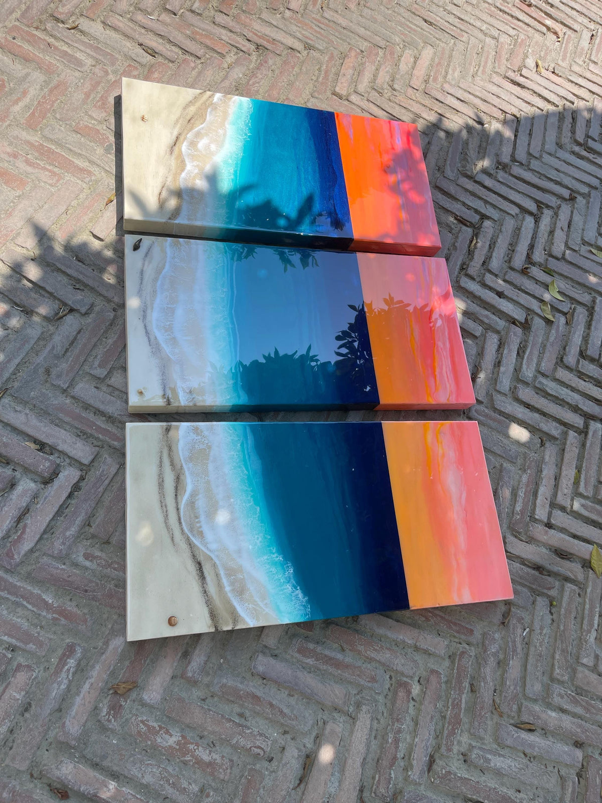 Large Resin Ocean Sunset Triptych Wall Art | Coastal Beach Artwork | Luxury Seascape Painting | Handmade Resin Art | Beach House Decor