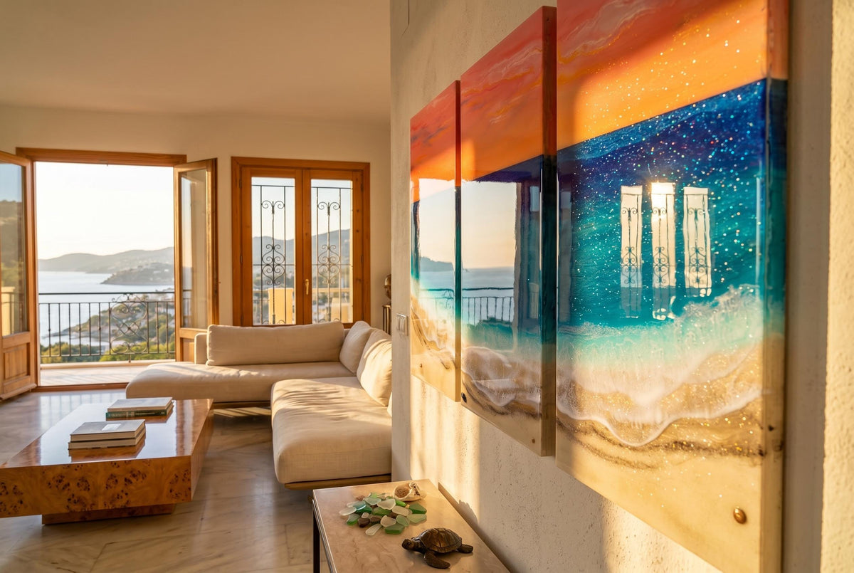 Extra Large Resin Ocean Sunset Triptych | Luxury Coastal Wall Art | Statement Beach House Decor | Handmade Resin Seascape | Oversized Art