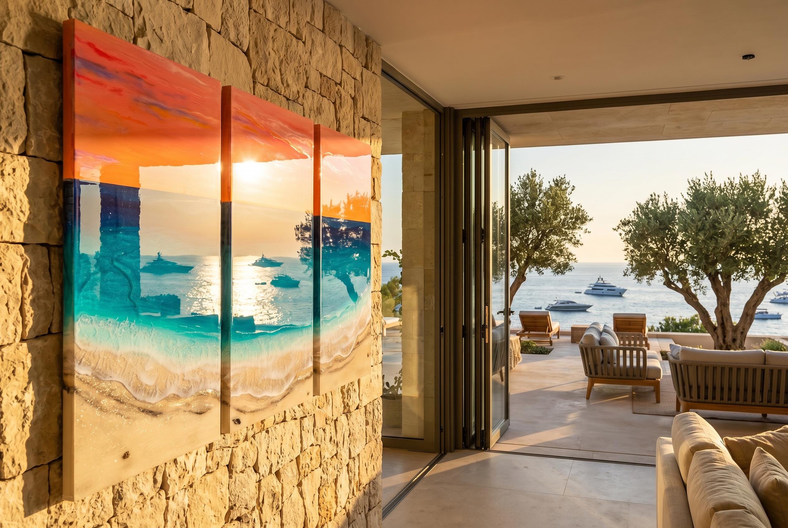 Extra Large Resin Ocean Sunset Triptych | Luxury Coastal Wall Art | Statement Beach House Decor | Handmade Resin Seascape | Oversized Art