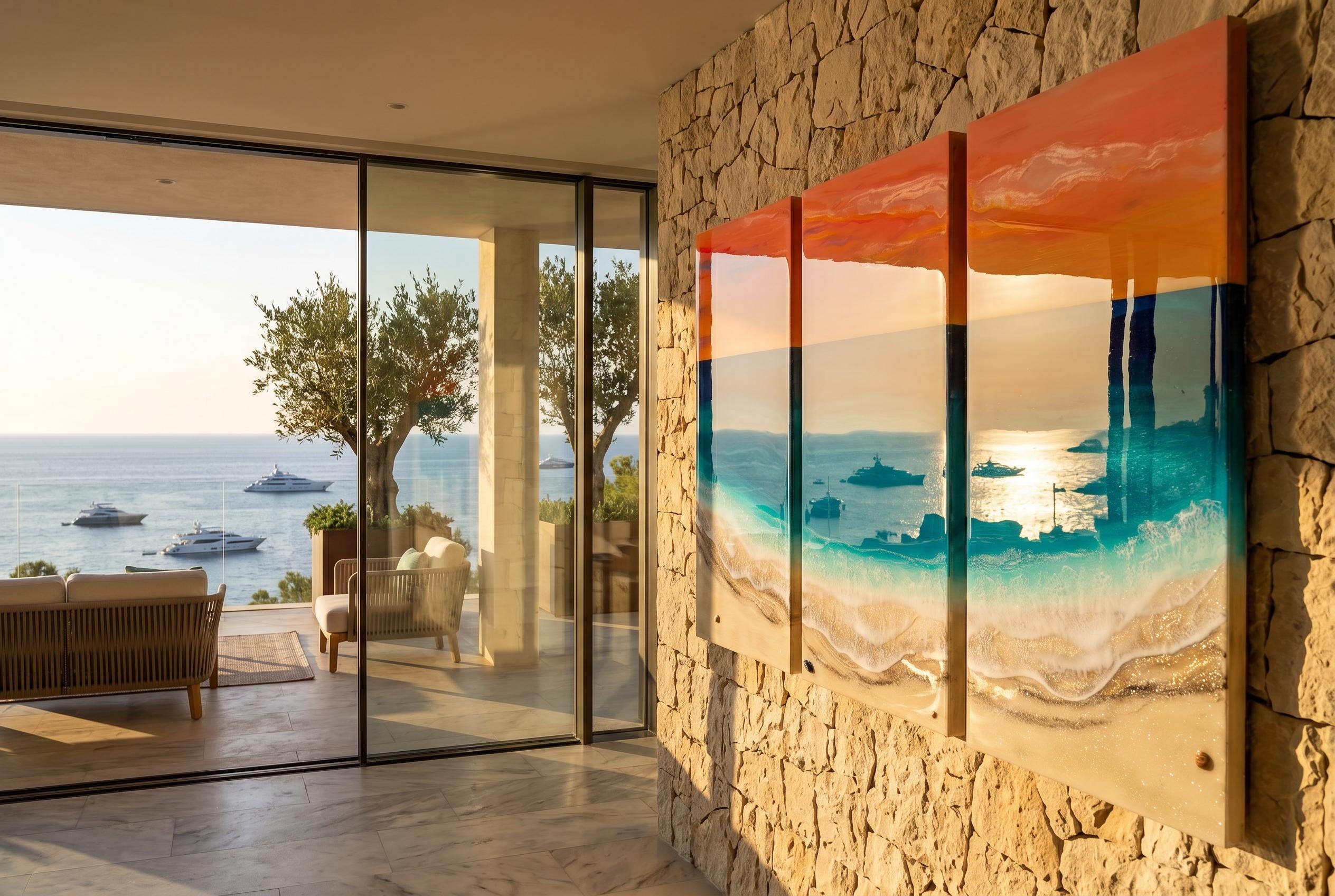 Extra Large Resin Ocean Sunset Triptych | Luxury Coastal Wall Art | Statement Beach House Decor | Handmade Resin Seascape | Oversized Art