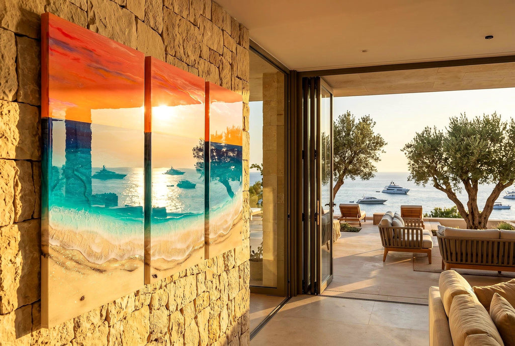 Large Resin Ocean Sunset Triptych Wall Art | Coastal Beach Artwork | Luxury Seascape Painting | Handmade Resin Art | Beach House Decor