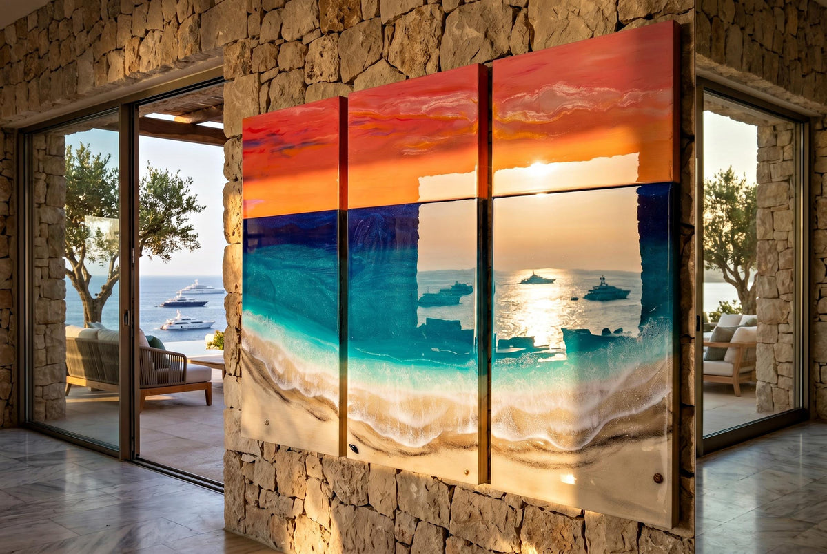 XL Resin Ocean Sunset Triptych Wall Art | Large Coastal Beach Artwork | Luxury Ocean Seascape | Handmade Resin Wall Decor | Beach House Art