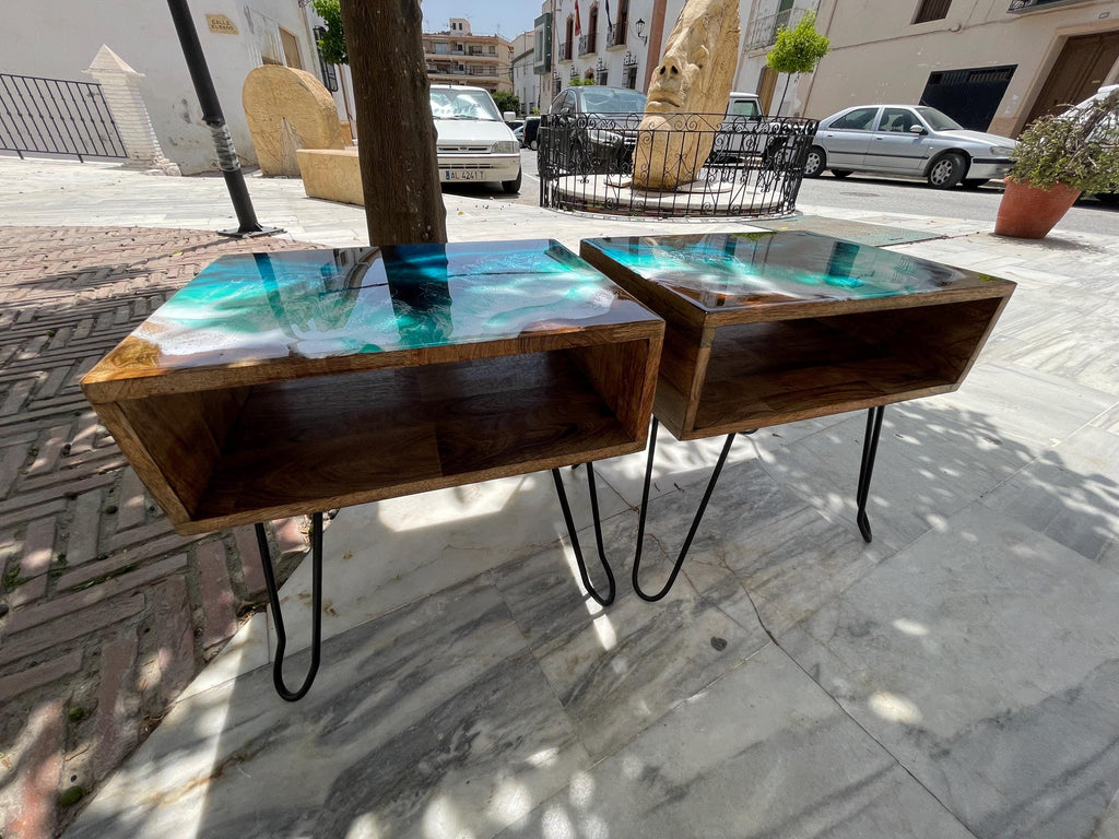 Set of 2 Handmade Ocean Resin Side Tables: Coastal Beach House Decor