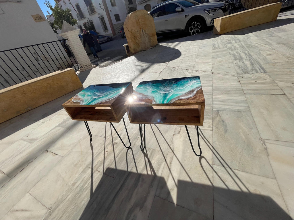 Set of 2 Handmade Ocean Resin Side Tables: Coastal Beach House Decor