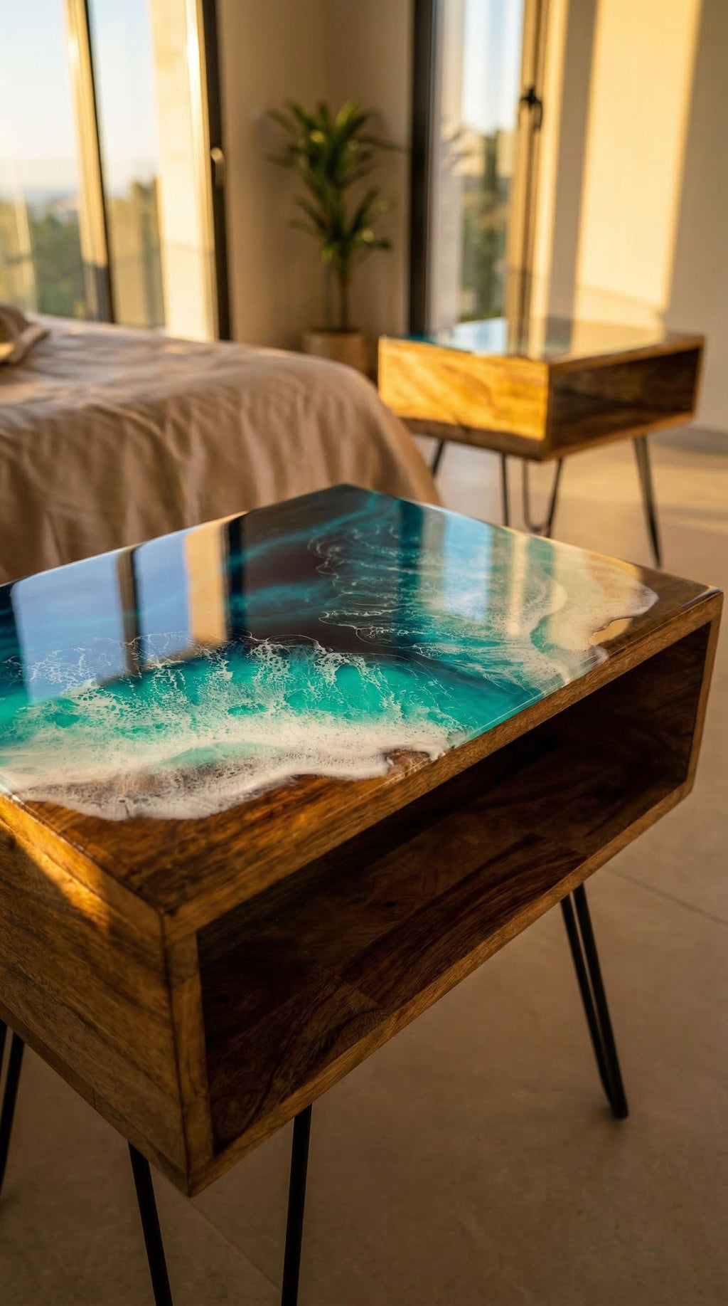 Set of 2 Handmade Ocean Resin Side Tables: Coastal Beach House Decor