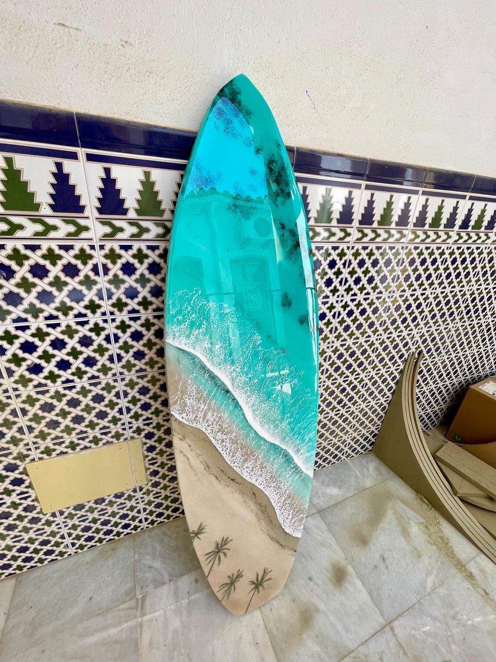Surfboard Resin Wall Art | Palm Shadow Collection | Luxury Coastal Wall Decor | One of a Kind Ocean Artwork | Handmade Resin Art Spain