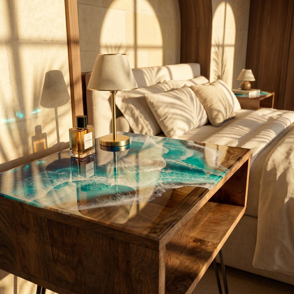Set of 2 Handmade Ocean Resin Side Tables: Coastal Beach House Decor