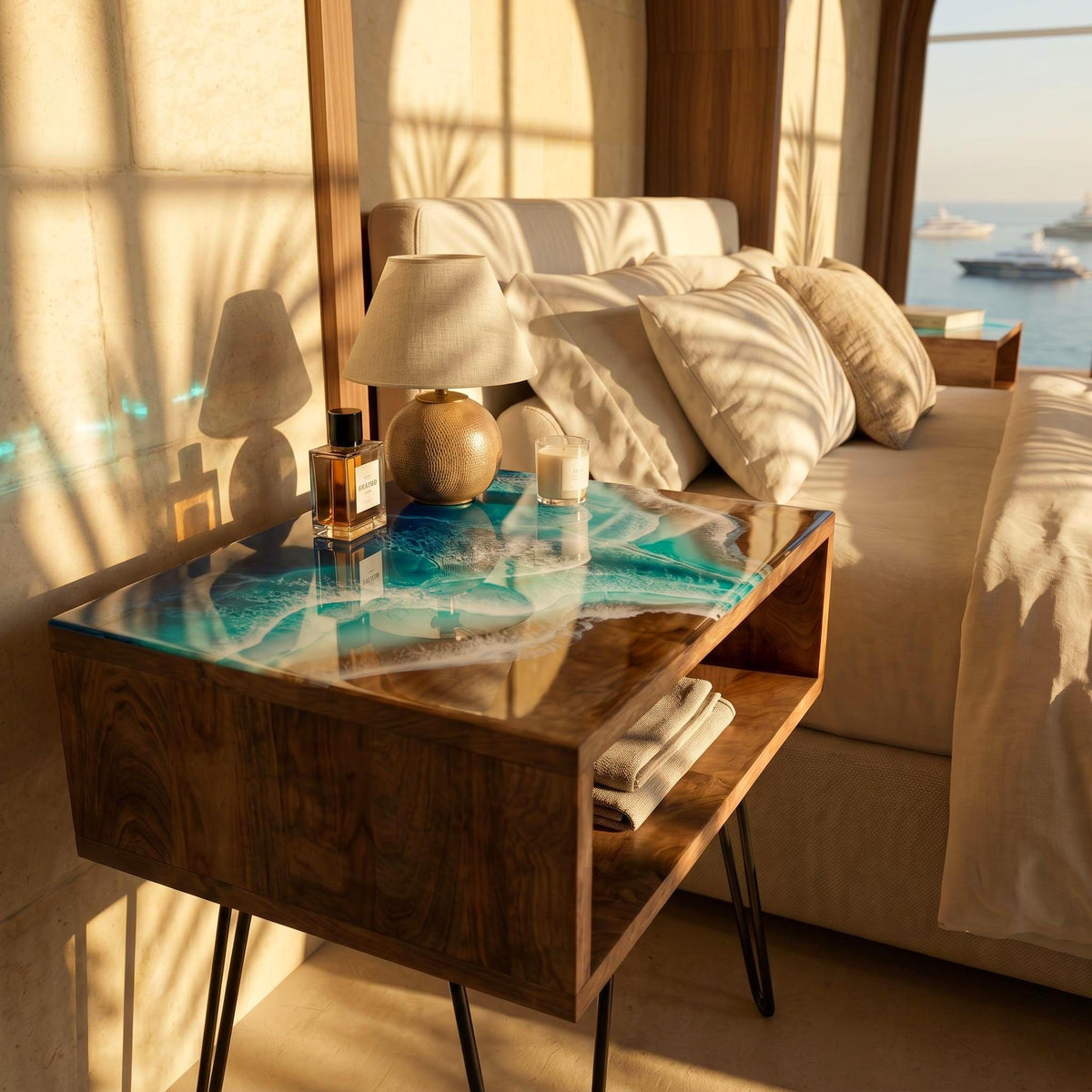 Set of 2 Handmade Ocean Resin Side Tables: Coastal Beach House Decor