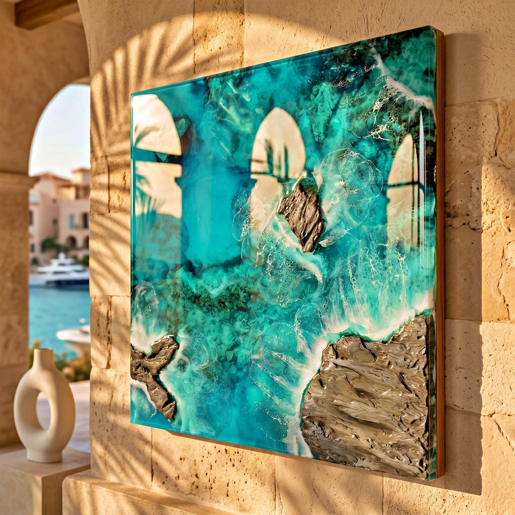 3-D Resin Ocean Wall Art – 60×60 cm Sculptural Coastal Artwork, High-Gloss Epoxy, Original Handmade Art