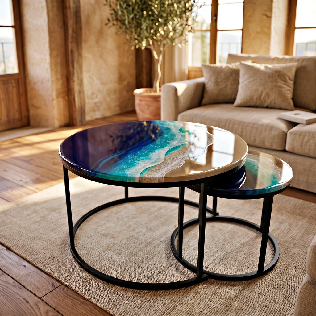 Ocean Resin Nesting Coffee Tables | Set of 2 Coastal Side Tables | Luxury Beach House Furniture | Handmade Resin Art | Handmade in Spain