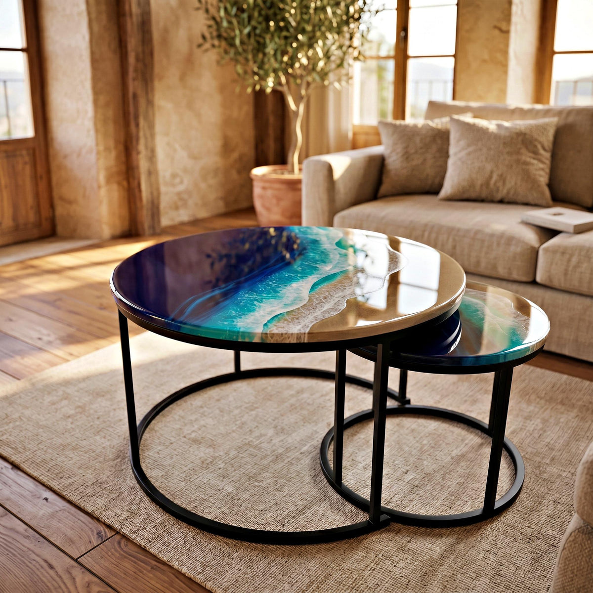 Ocean Resin Nesting Coffee Tables | Set of 2 Coastal Side Tables | Luxury Beach House Furniture | Handmade Resin Art | Handmade in Spain