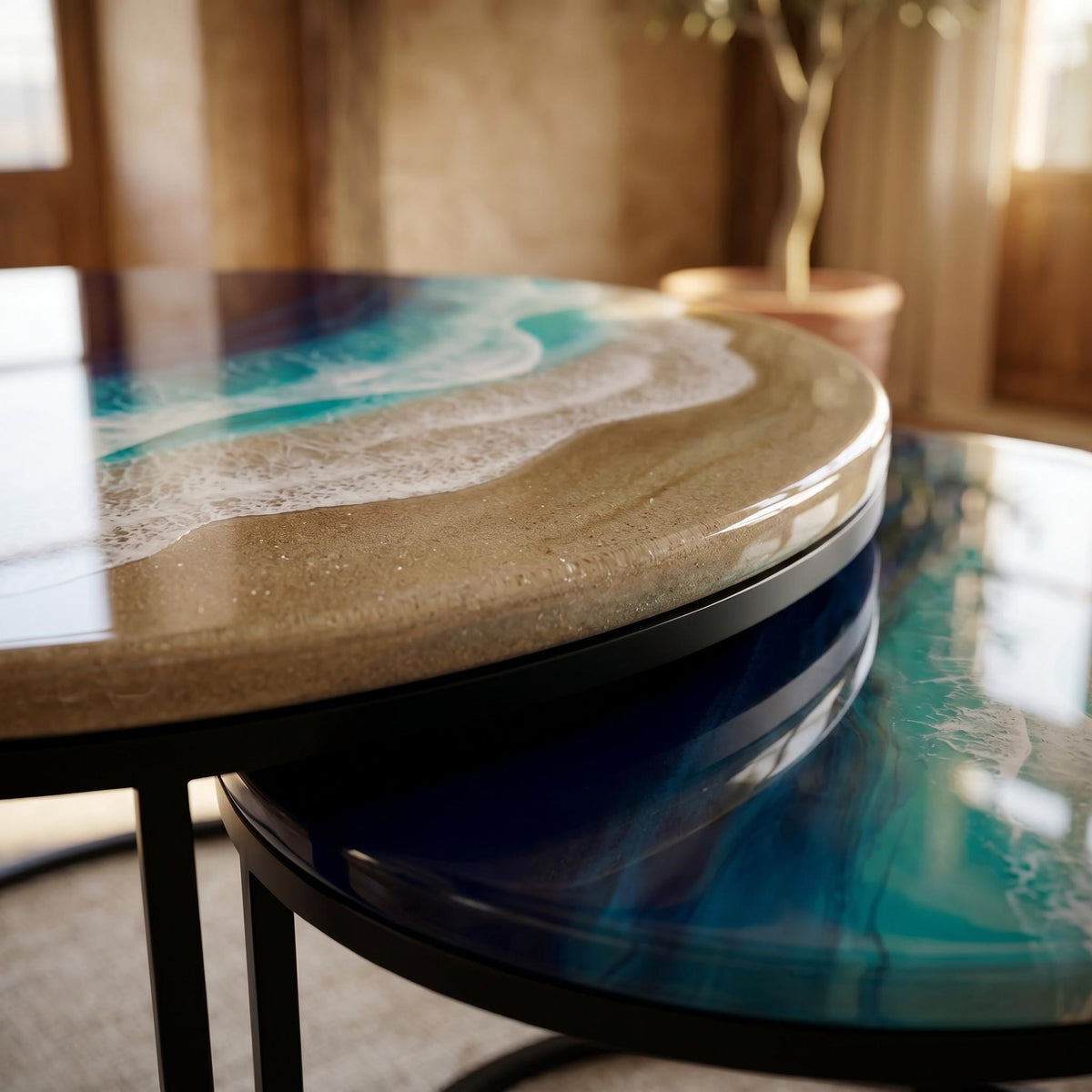 Ocean Resin Nesting Coffee Tables | Set of 2 Coastal Side Tables | Luxury Beach House Furniture | Handmade Resin Art | Handmade in Spain