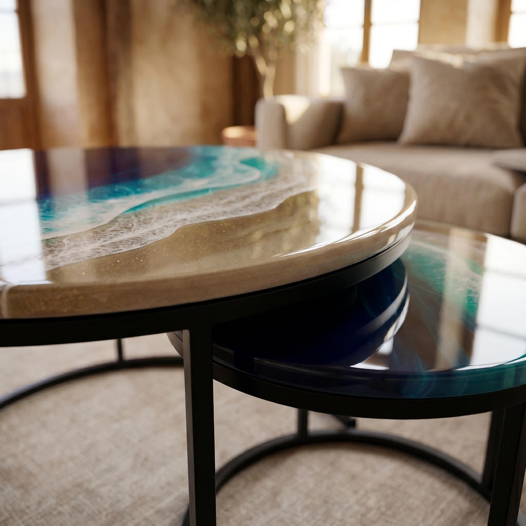 Ocean Resin Nesting Coffee Tables | Set of 2 Coastal Side Tables | Luxury Beach House Furniture | Handmade Resin Art | Handmade in Spain