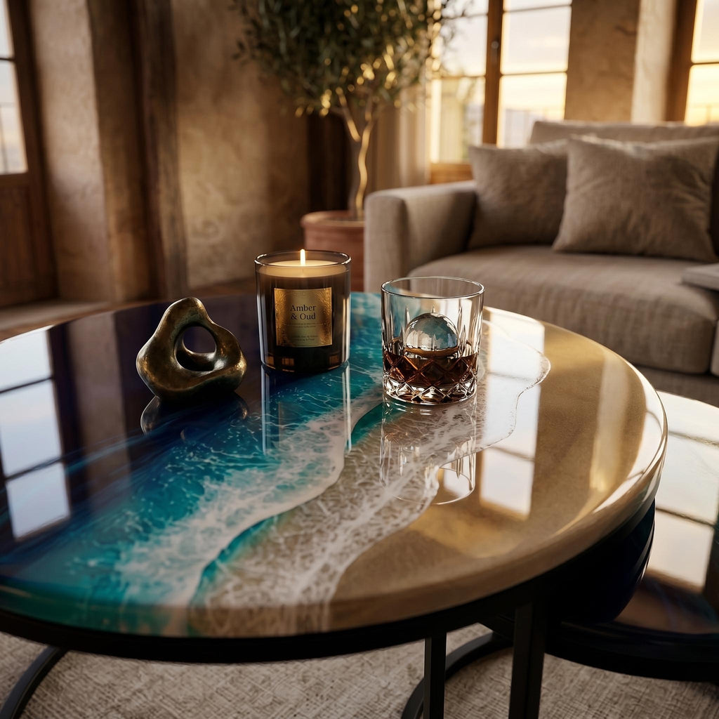 Ocean Resin Nesting Coffee Tables | Set of 2 Coastal Side Tables | Luxury Beach House Furniture | Handmade Resin Art | Handmade in Spain