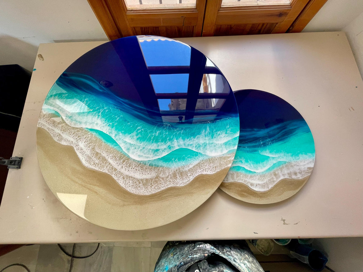 Ocean Resin Nesting Coffee Tables | Set of 2 Coastal Side Tables | Luxury Beach House Furniture | Handmade Resin Art | Handmade in Spain