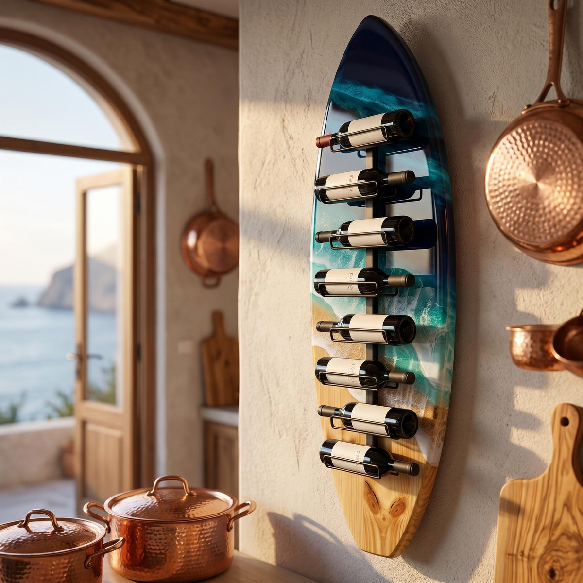 Handmade Surfboard Wine Rack – Coastal Resin Wave Art, Beach Decor