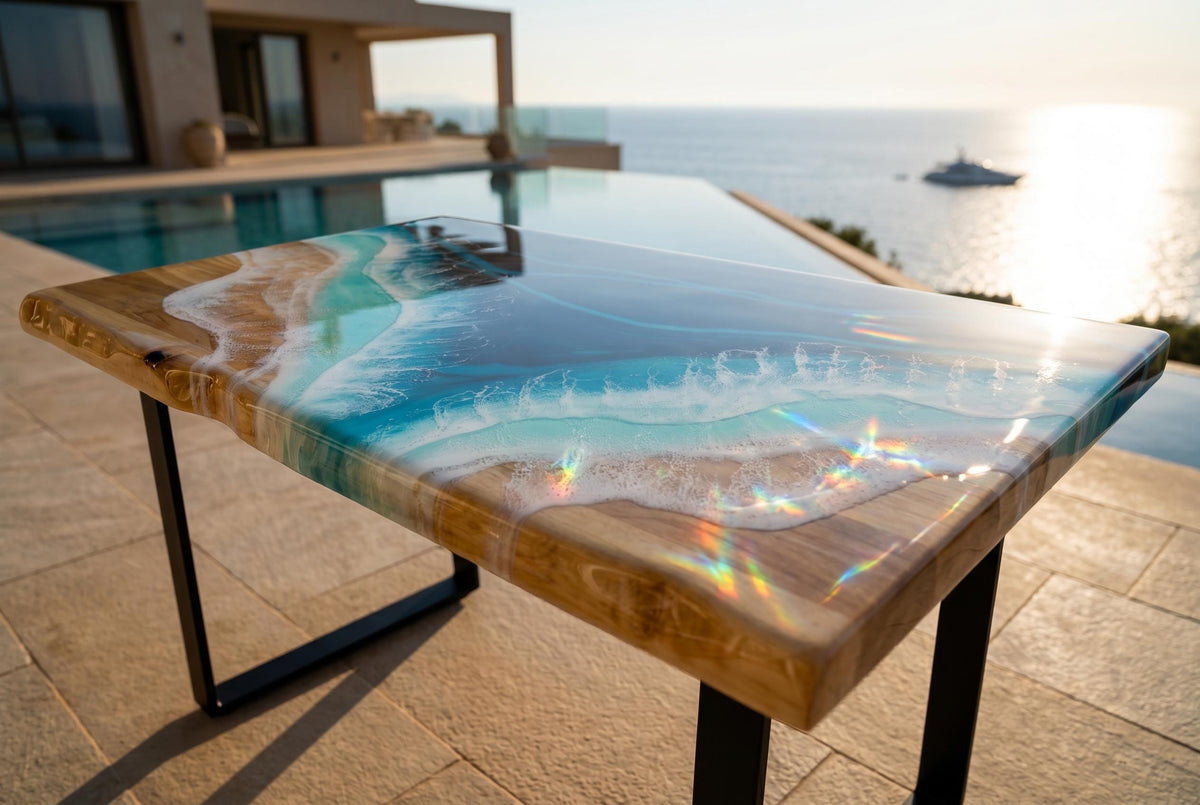 Epoxy Resin Ocean Coffee Table – Handcrafted Coastal Art Furniture (80–100 cm)