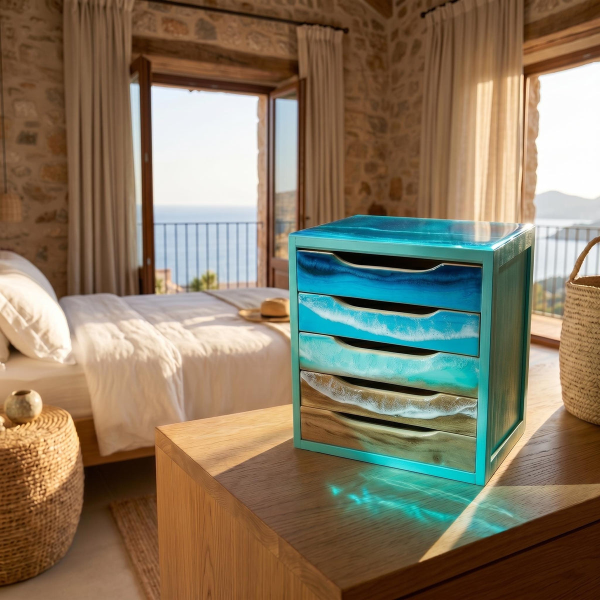 Ocean Resin Drawer Organizer | Coastal Desk Organizer | Beach House Storage Box | Handmade Ocean Decor | Luxury Coastal Bedroom Decor