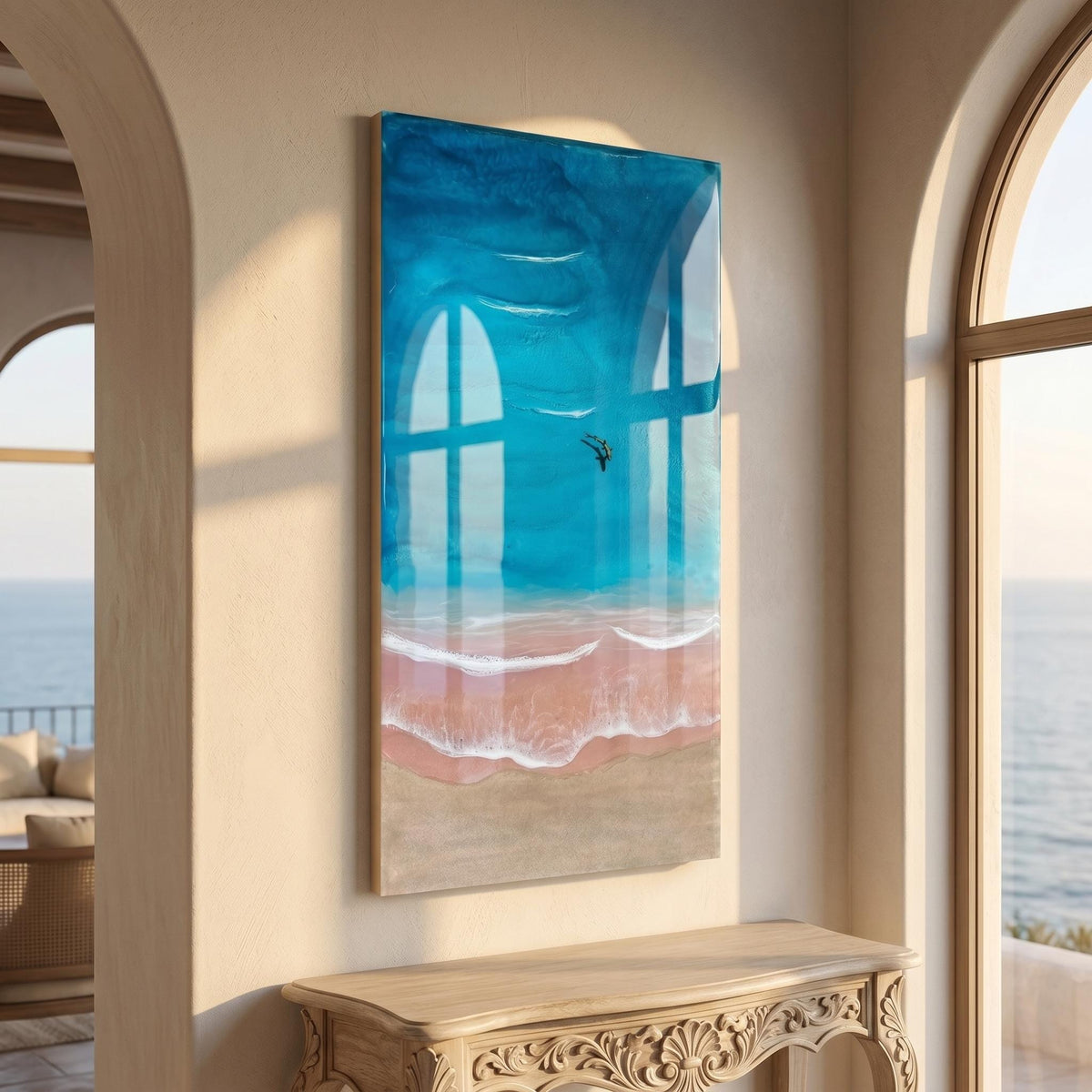 Pink Beach Resin Art: Komodo Island Coastal Decor with Shark